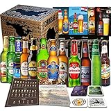 12x BIERE DER WELT,Geschenkidee für Geburtstag, Geschenkkarton + Tasting Anleitung + 12 x Produktinformation + 4 Bierdeckel Geschenk für Mann Geburtstag